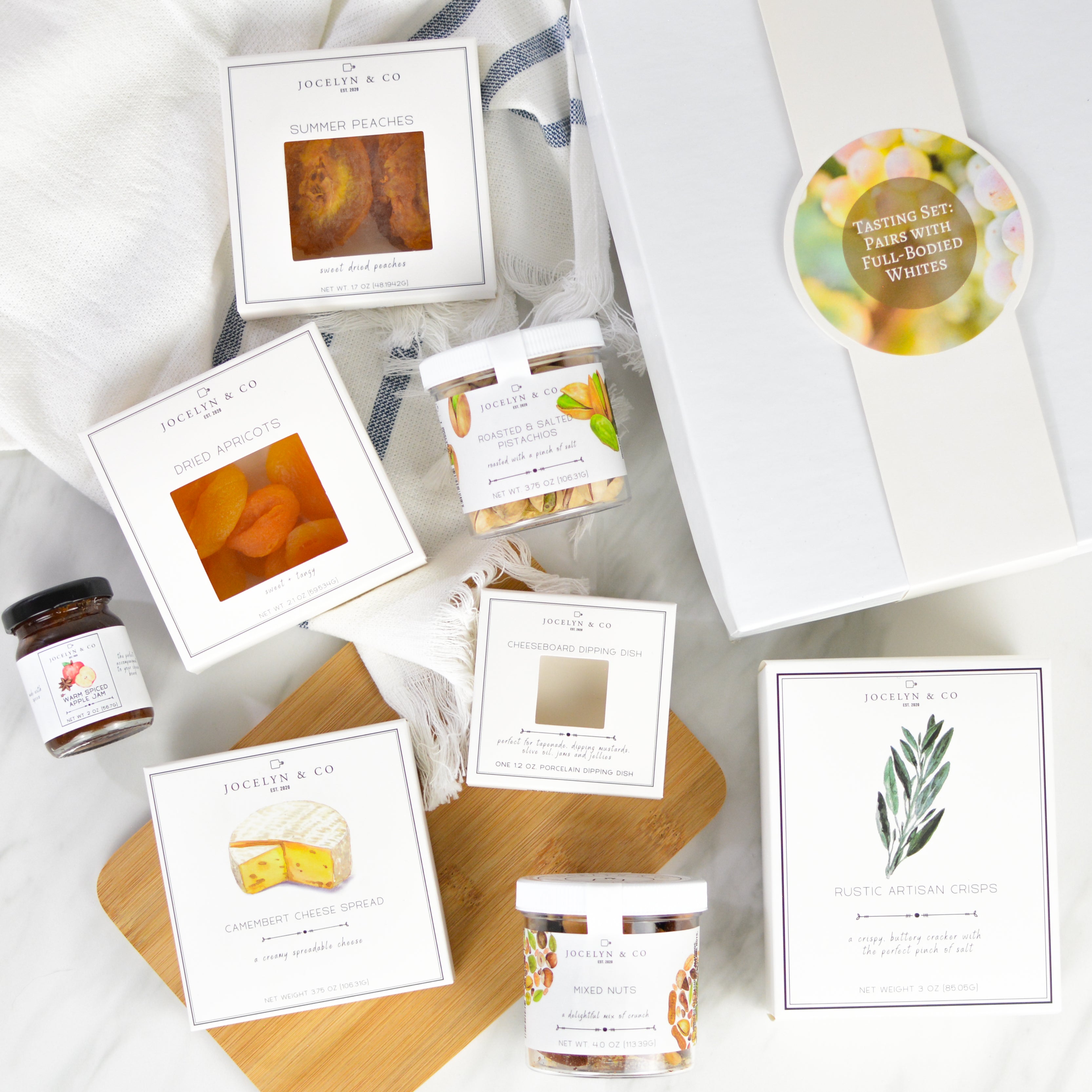 Full Bodied White Wine Tasting Set – White wine tasting gift with gourmet pairings